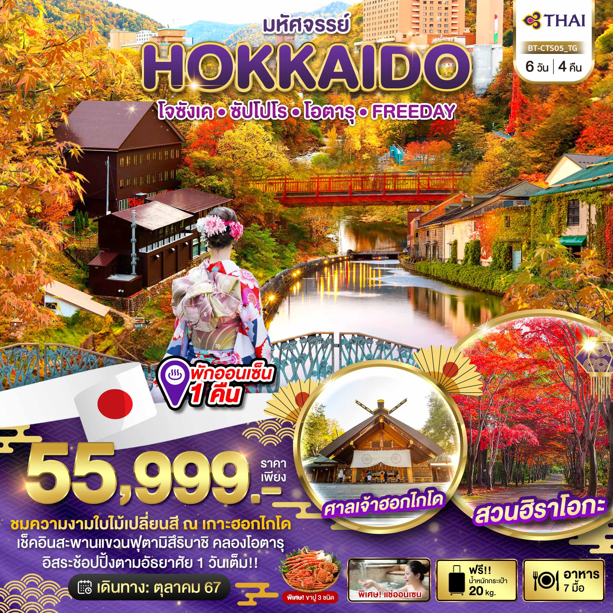 HOKKAIDO โจซังเค ซัปโปโร โอตารุ FREEDAY TG 6 วัน 4 คืน ตค 67