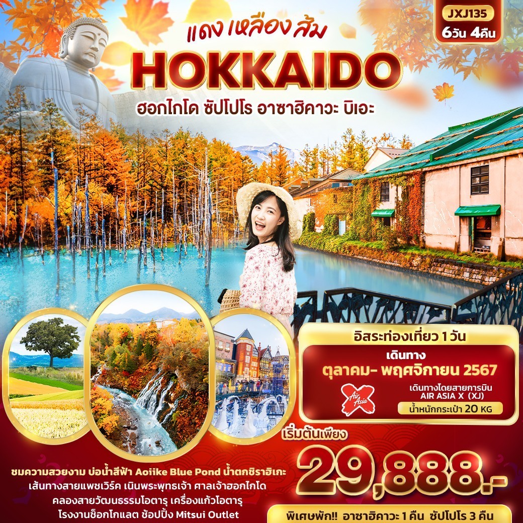 แดง เหลือง ส้ม HOKKAIDO ฮอกไกโด ซัปโปโร อาซาฮิคาวะ บิเอะ 6วัน4คืน